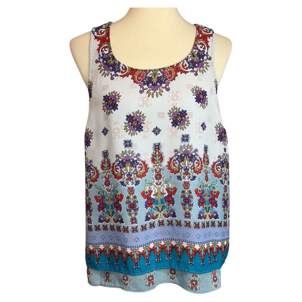 Bila Boho Chiffon Layered Fly-Away Back Sleeveless Top Size M
